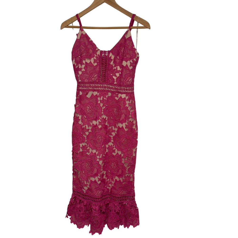 Gianni Bini Camila Dress Women XS Pink Quartz NEW Floral Lace Ruffle Midi V-Neck